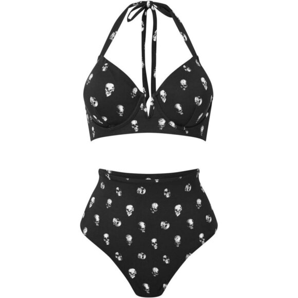 Killstar ✦ Skulls 2-Piece Bikini ✦ Black White Print Halter Tie Top XL NWT - Picture 10 of 13
